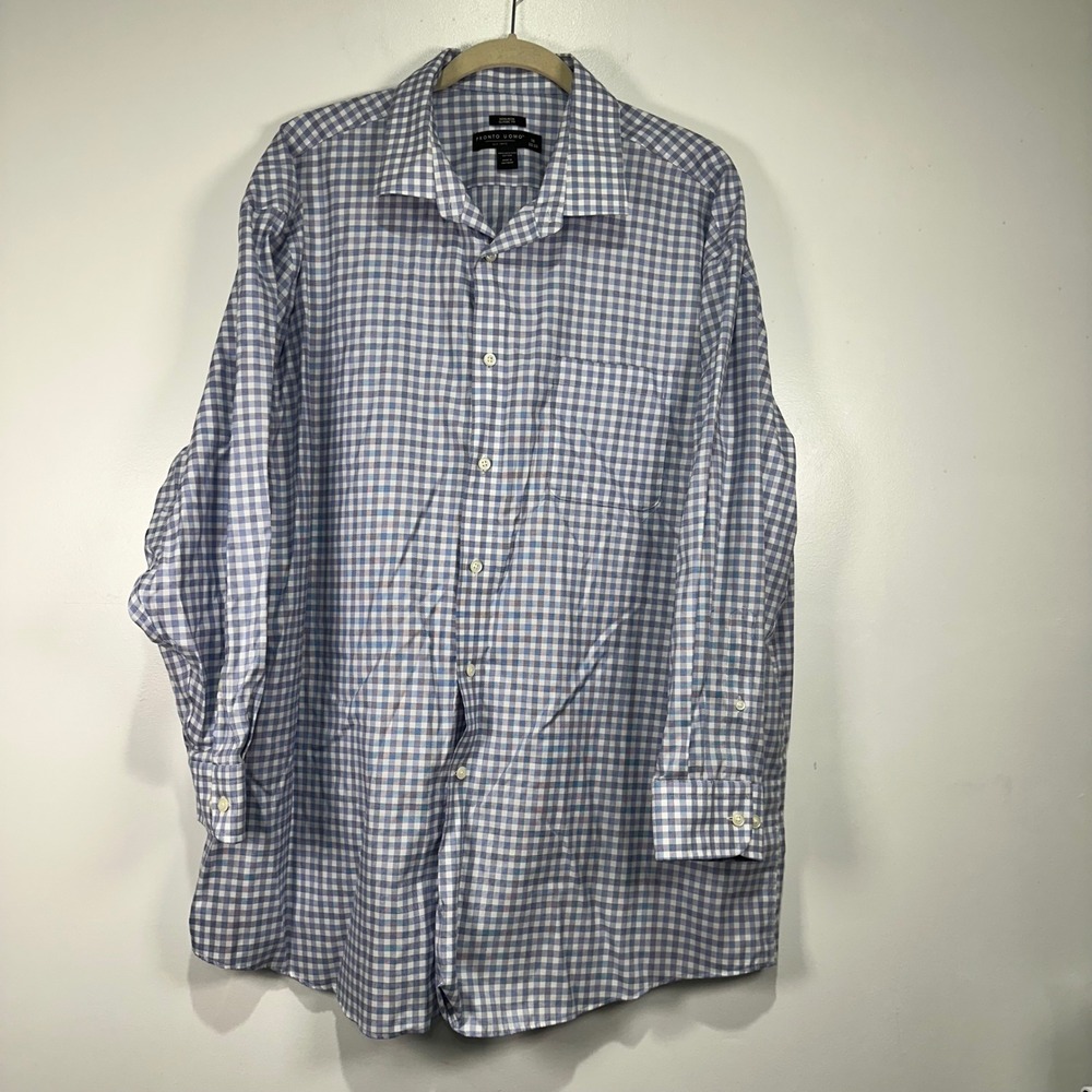 Pronto Uomo Mens Dress Shirt‎ 18 32/33 Blue Gingham Check Non Iron Classic Fit